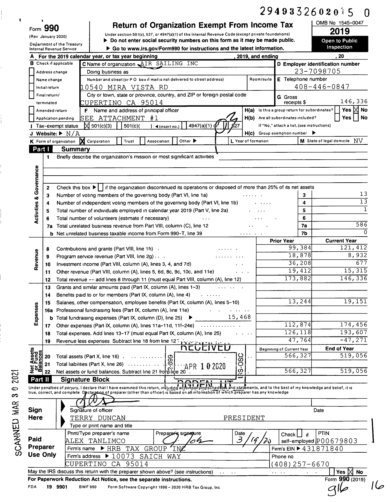 Image of first page of 2019 Form 990 for Air Sailing