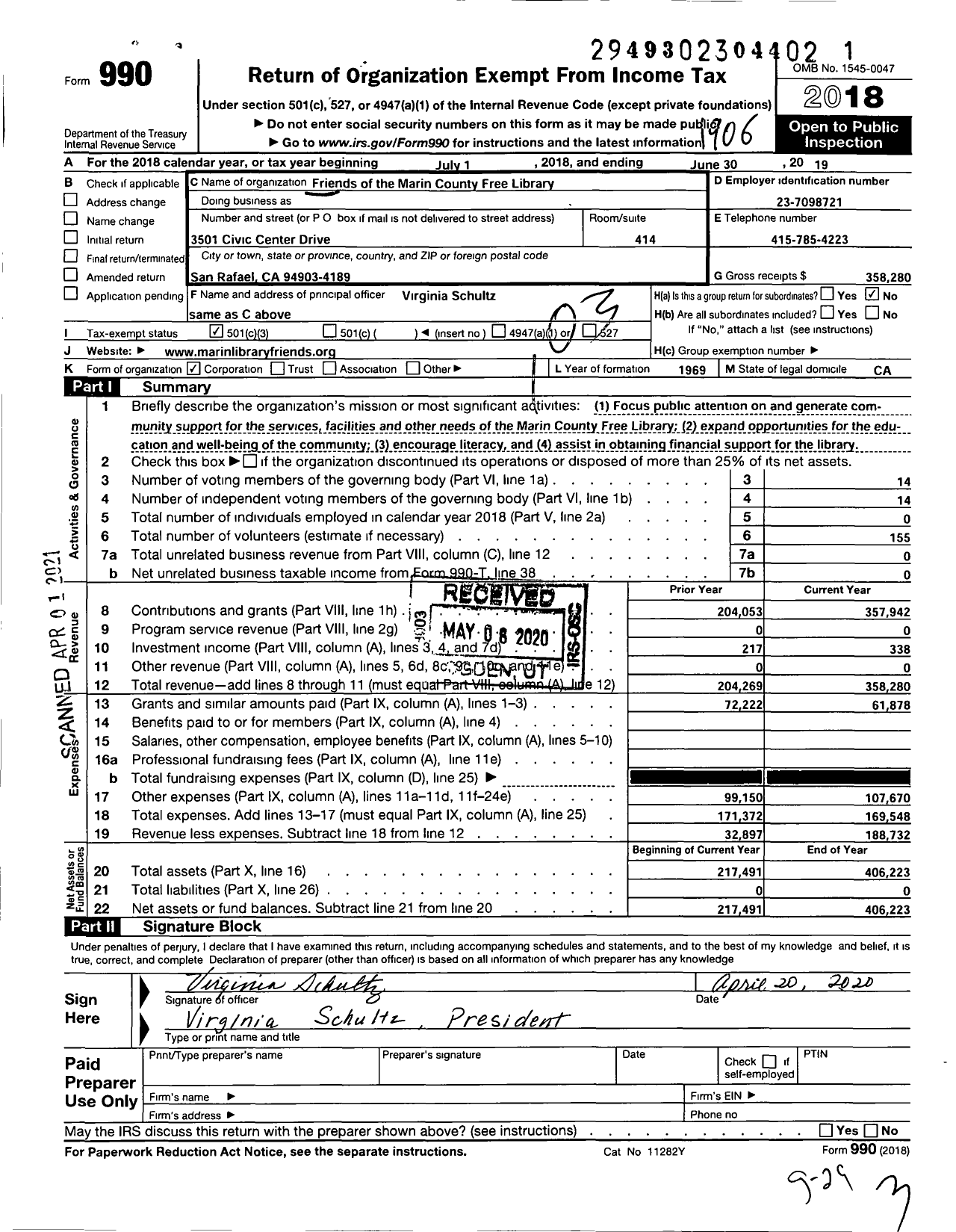 Image of first page of 2018 Form 990 for Friends of the Marin County Free Library