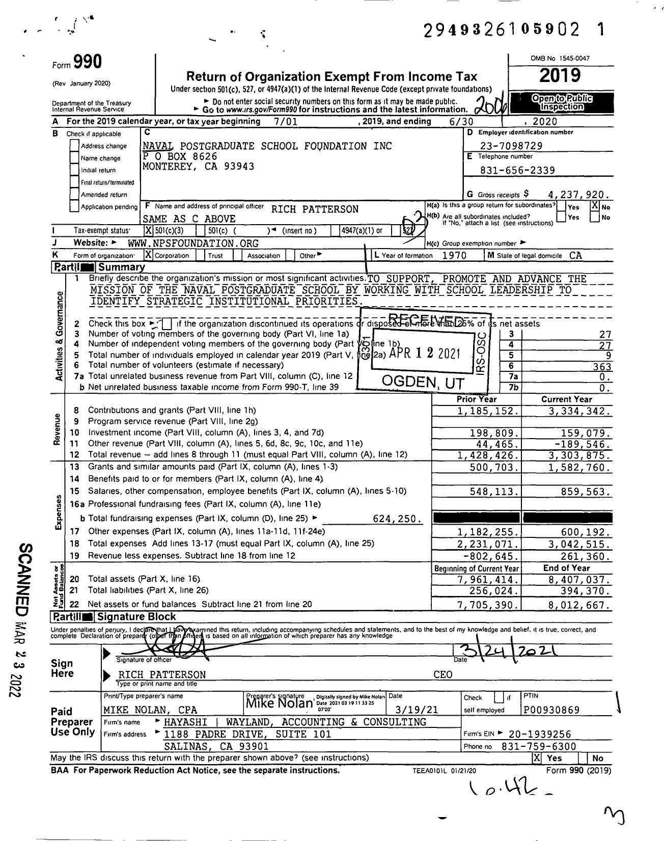 Image of first page of 2019 Form 990 for Naval Postgraduate School Foundation