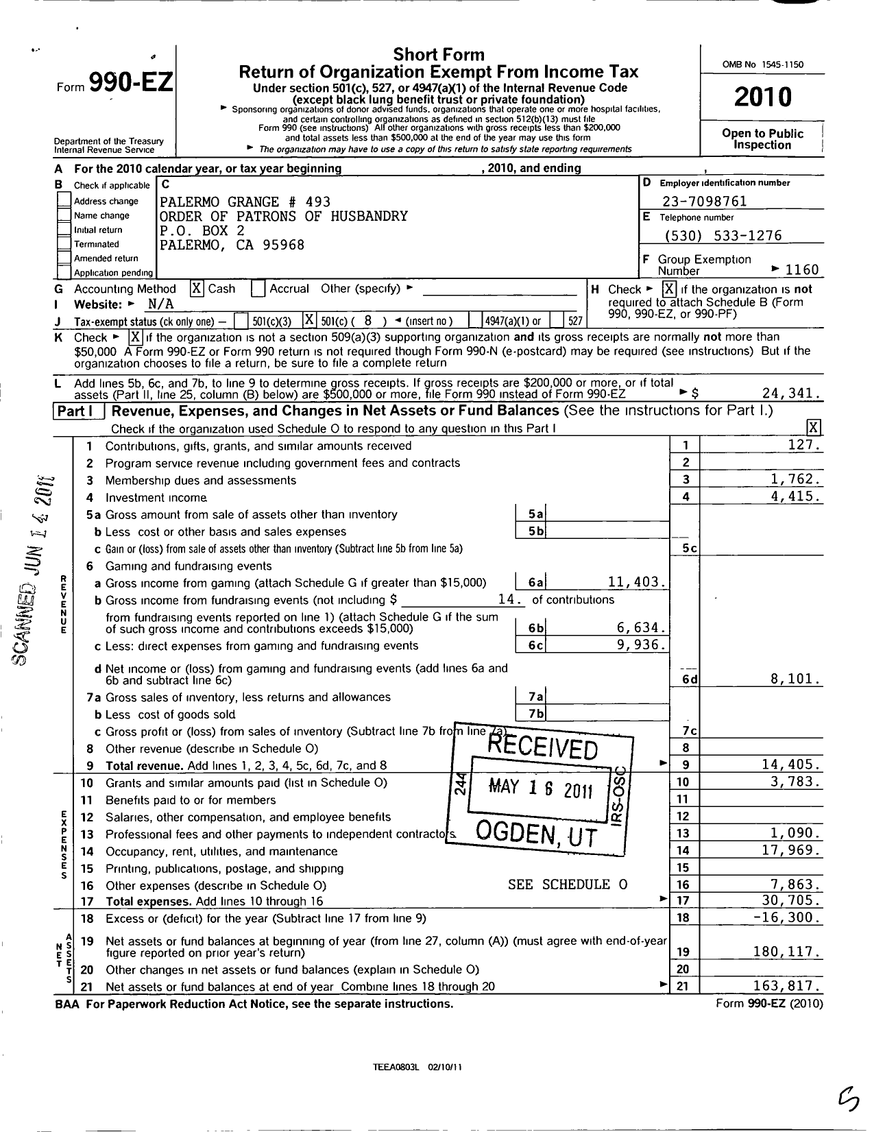 Image of first page of 2010 Form 990EO for Grange of the State of Ca Order of Patrons of Husbandry Charter - 493 Palermo Grange