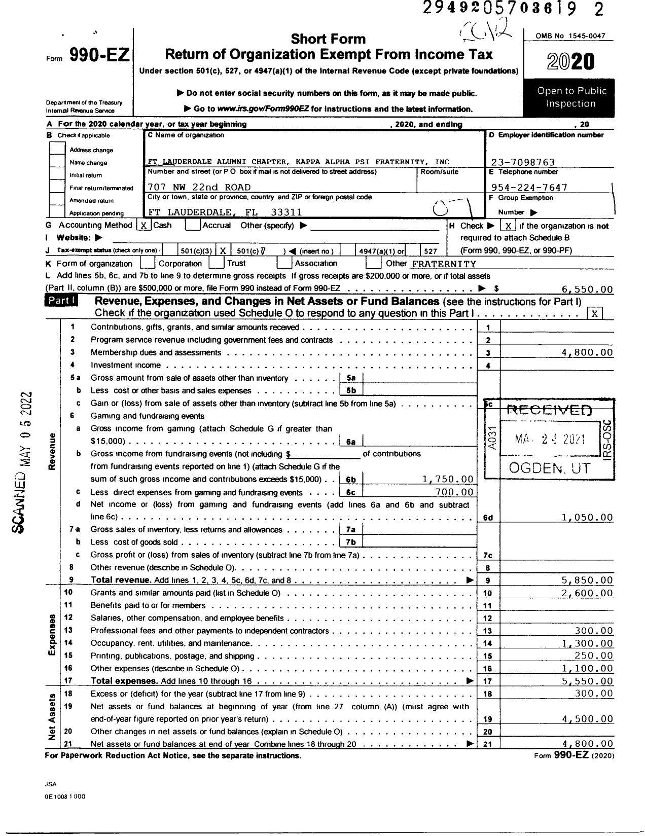 Image of first page of 2020 Form 990EO for Fort Lauderdale Alumni Chapter Kappa Alpha Psi Fraternity