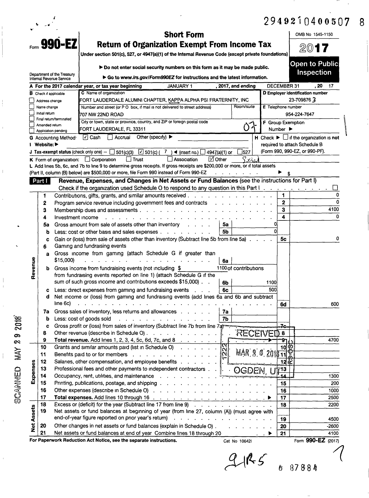 Image of first page of 2017 Form 990EO for Fort Lauderdale Alumni Chapter Kappa Alpha Psi Fraternity