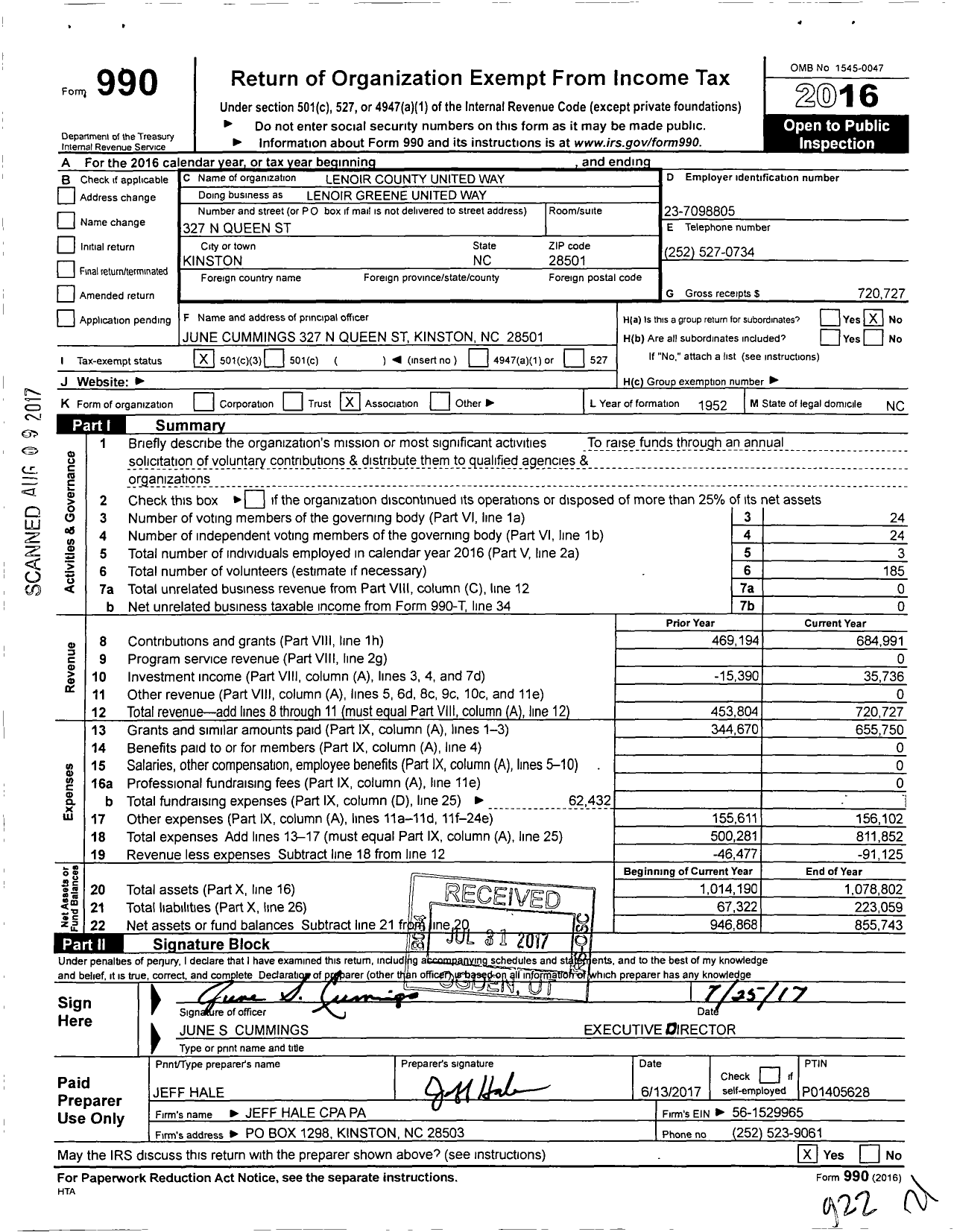 Image of first page of 2016 Form 990 for Lenoir Greene United Way