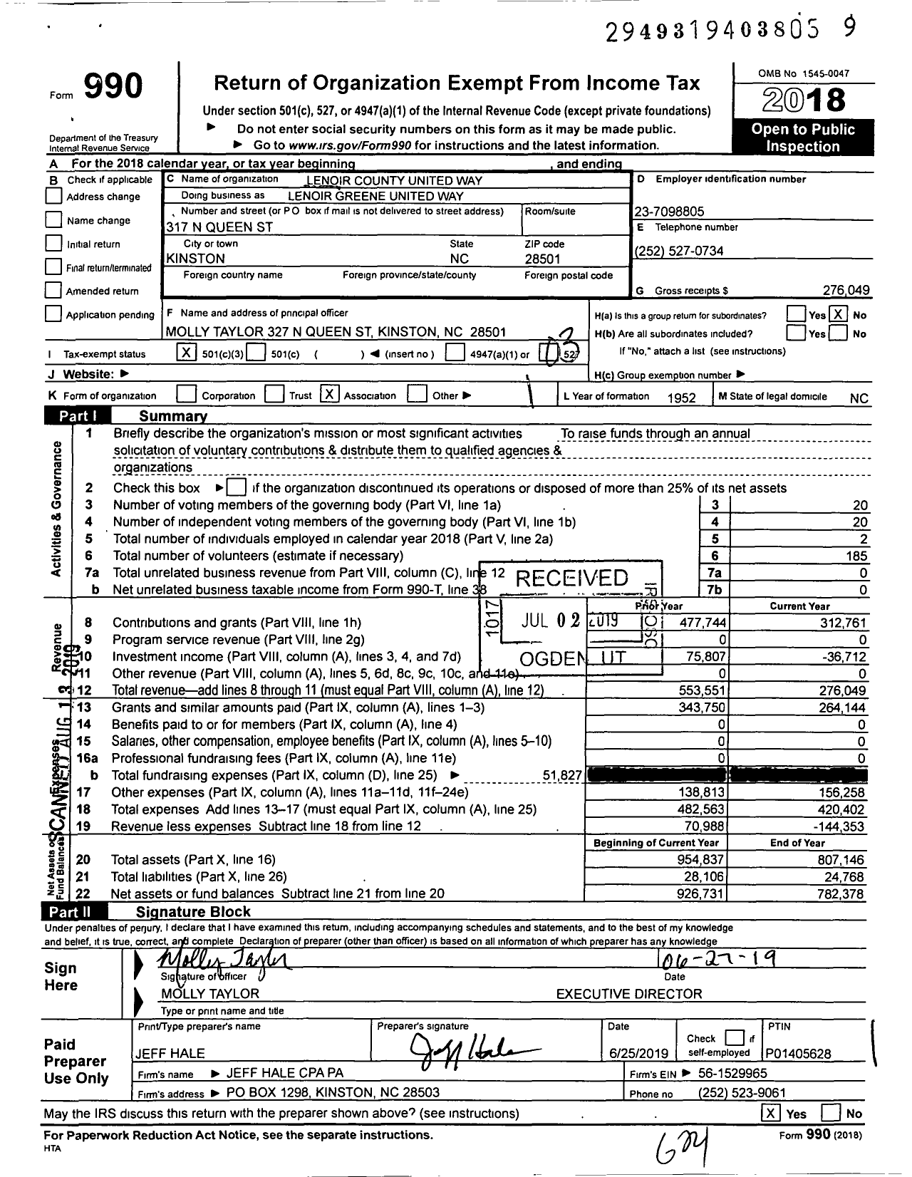 Image of first page of 2018 Form 990 for Lenoir Greene United Way
