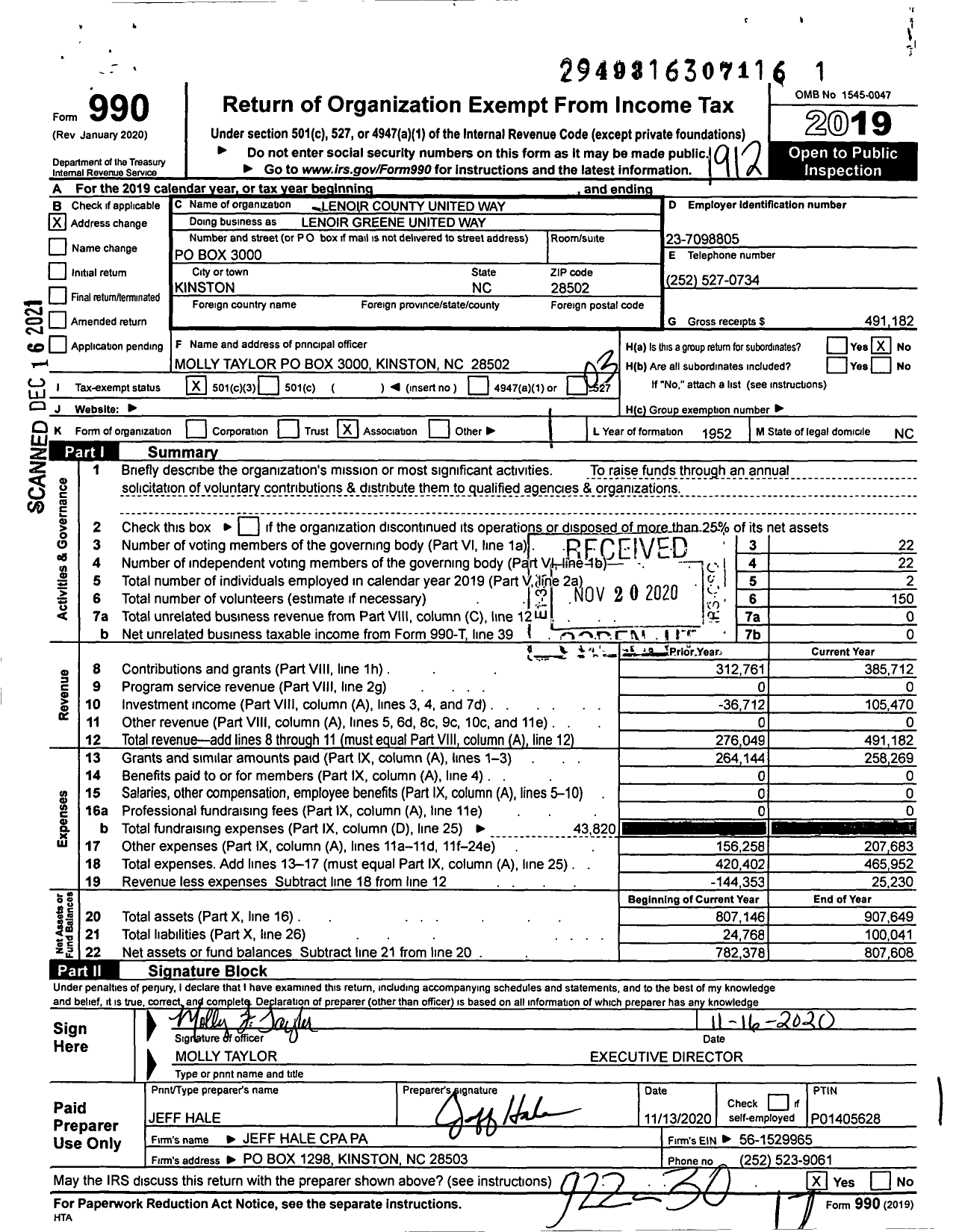 Image of first page of 2019 Form 990 for Lenoir Greene United Way