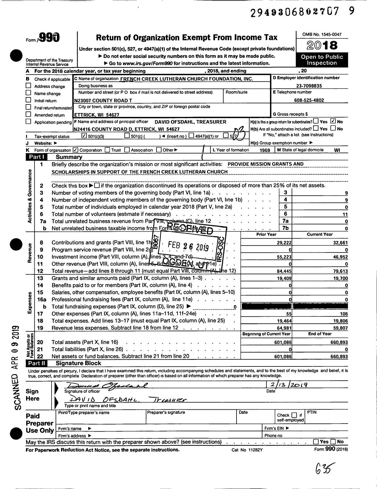 Image of first page of 2018 Form 990 for French Creek Lutheran Church Foundation