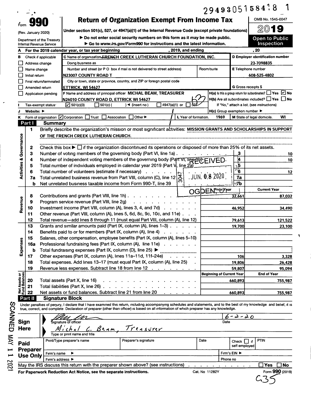 Image of first page of 2019 Form 990 for French Creek Lutheran Church Foundation