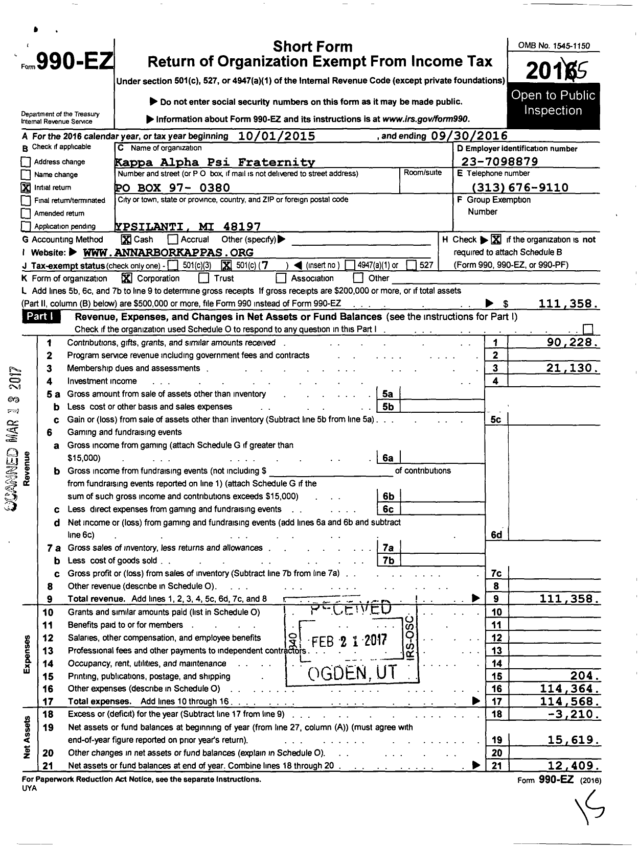 Image of first page of 2015 Form 990EO for Kappa Alpha Psi Fraternity Aayi Alumni Ann Arbor Ypsilanti Alumni Chapter