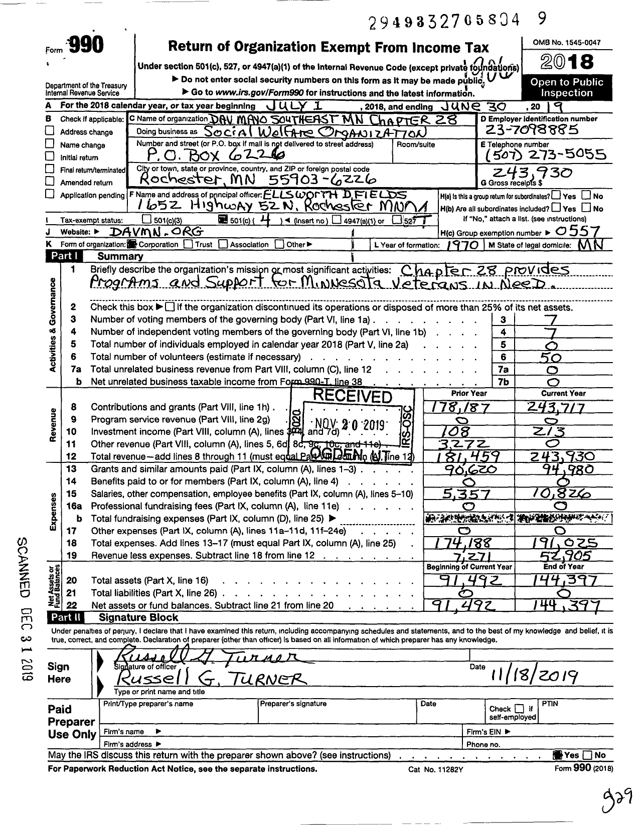 Image of first page of 2018 Form 990O for Disabled American Veterans - DAV Mayo Southeast MN Chapter 28