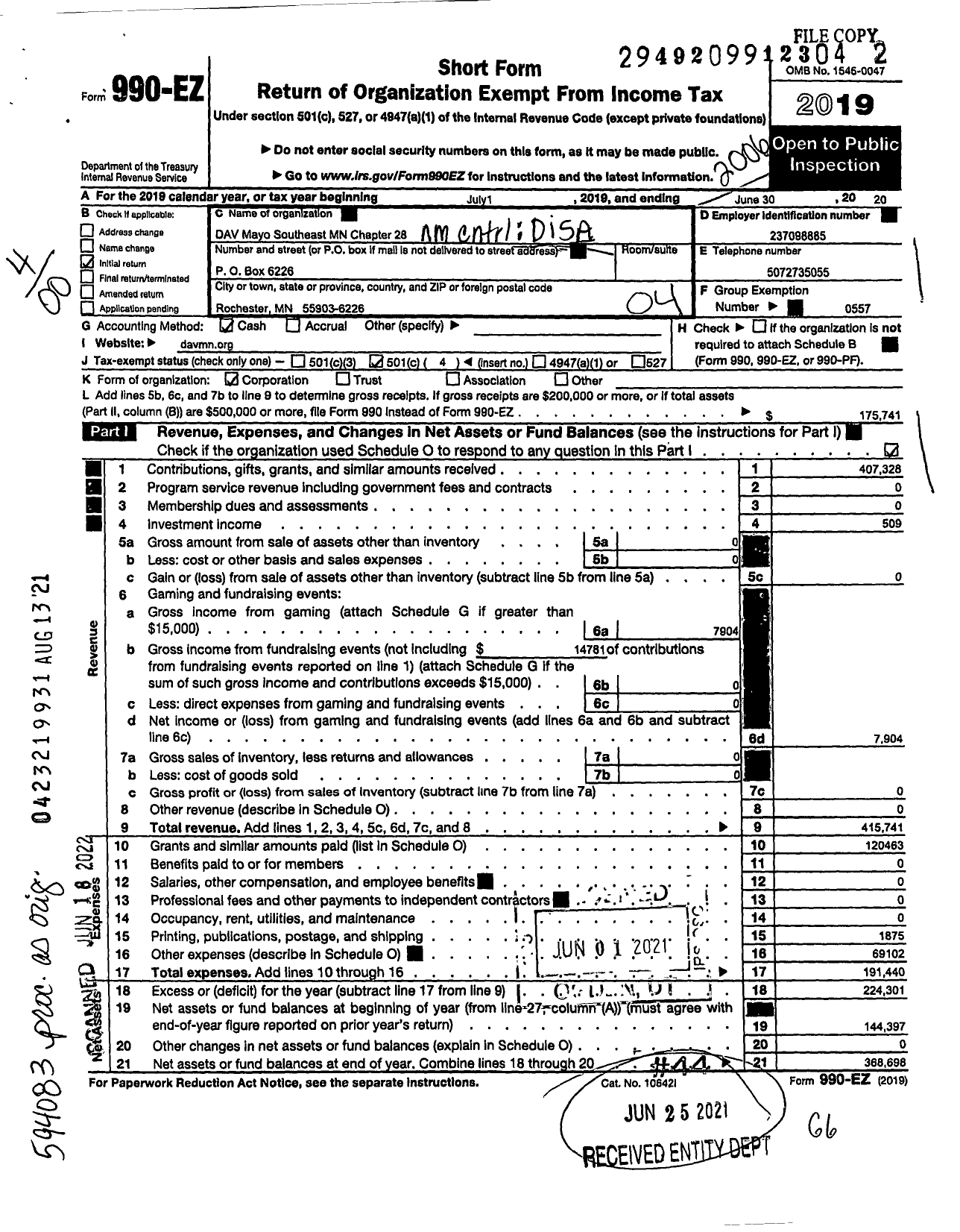 Image of first page of 2019 Form 990EO for Disabled American Veterans - DAV Mayo Southeast MN Chapter 28