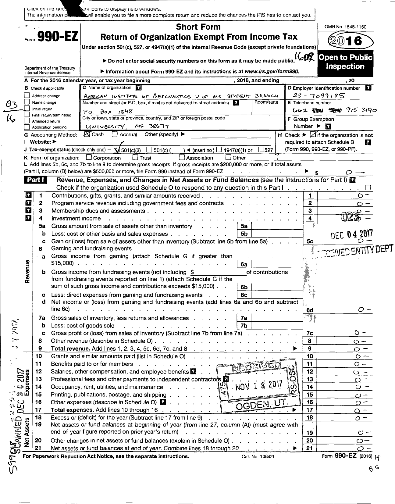 Image of first page of 2015 Form 990EZ for American Institute of Aeronautics and Astronautics / U of MS Student Branch