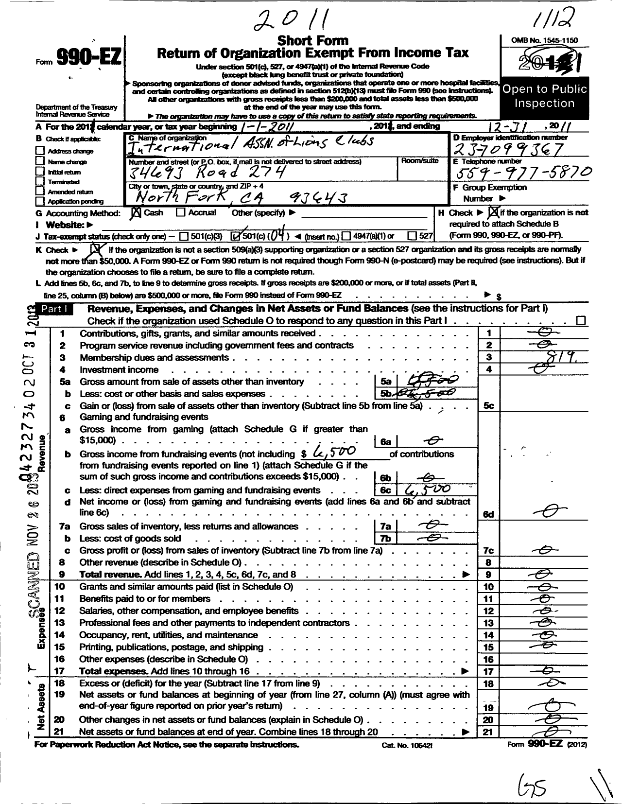 Image of first page of 2011 Form 990EO for Lions Clubs - 2284 North Fork