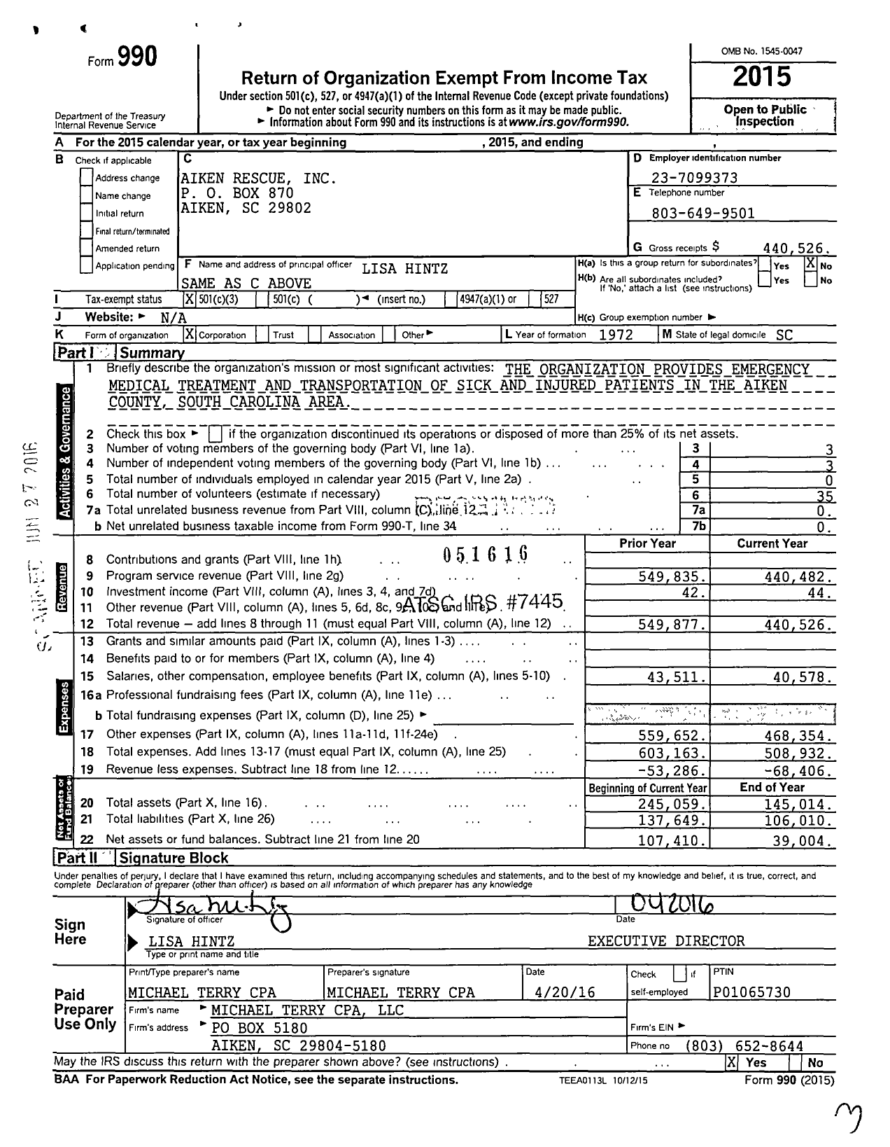 Image of first page of 2015 Form 990 for Aiken Rescue