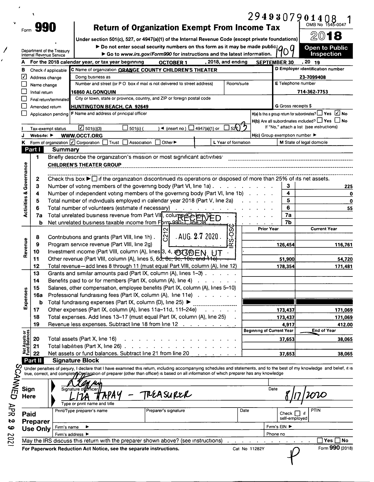 Image of first page of 2018 Form 990 for Orange County Childrens Theatre