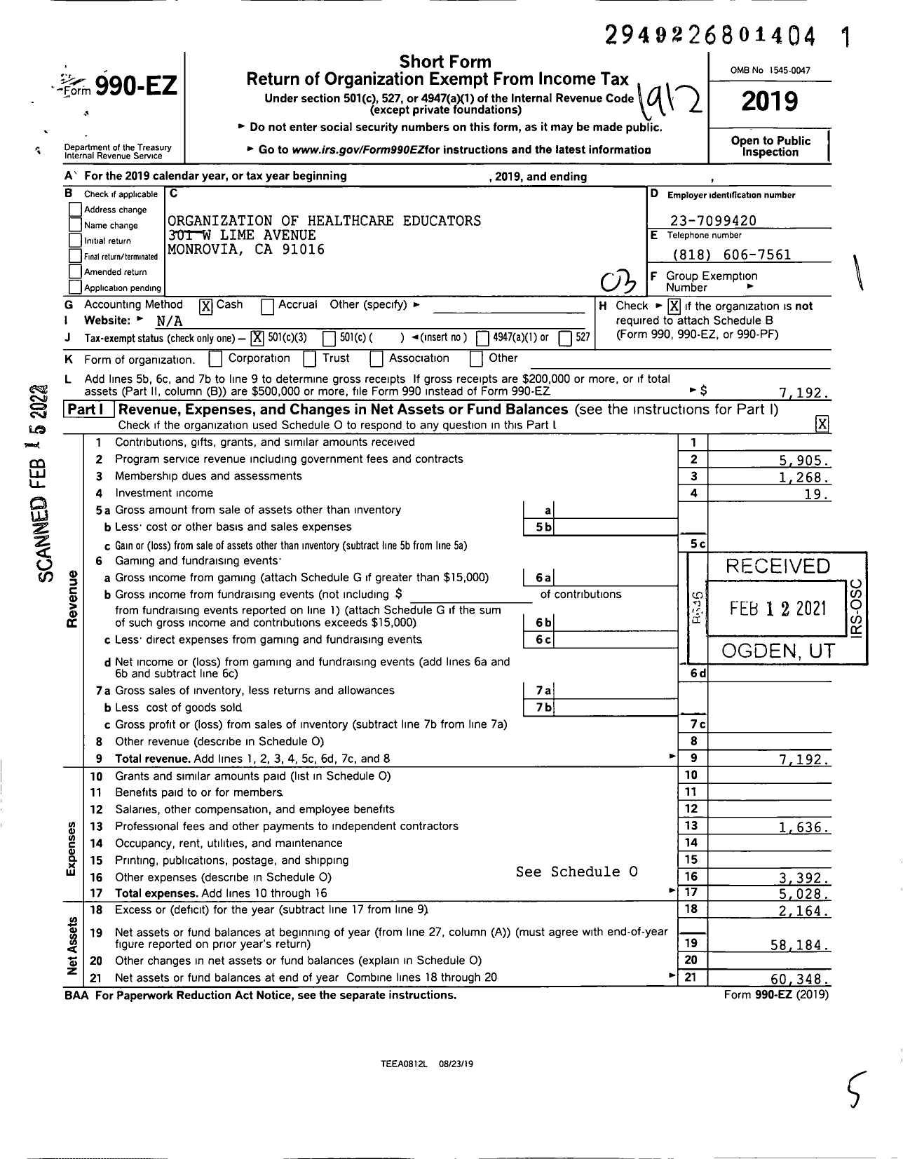 Image of first page of 2019 Form 990EZ for Organization of Healthcare Educators