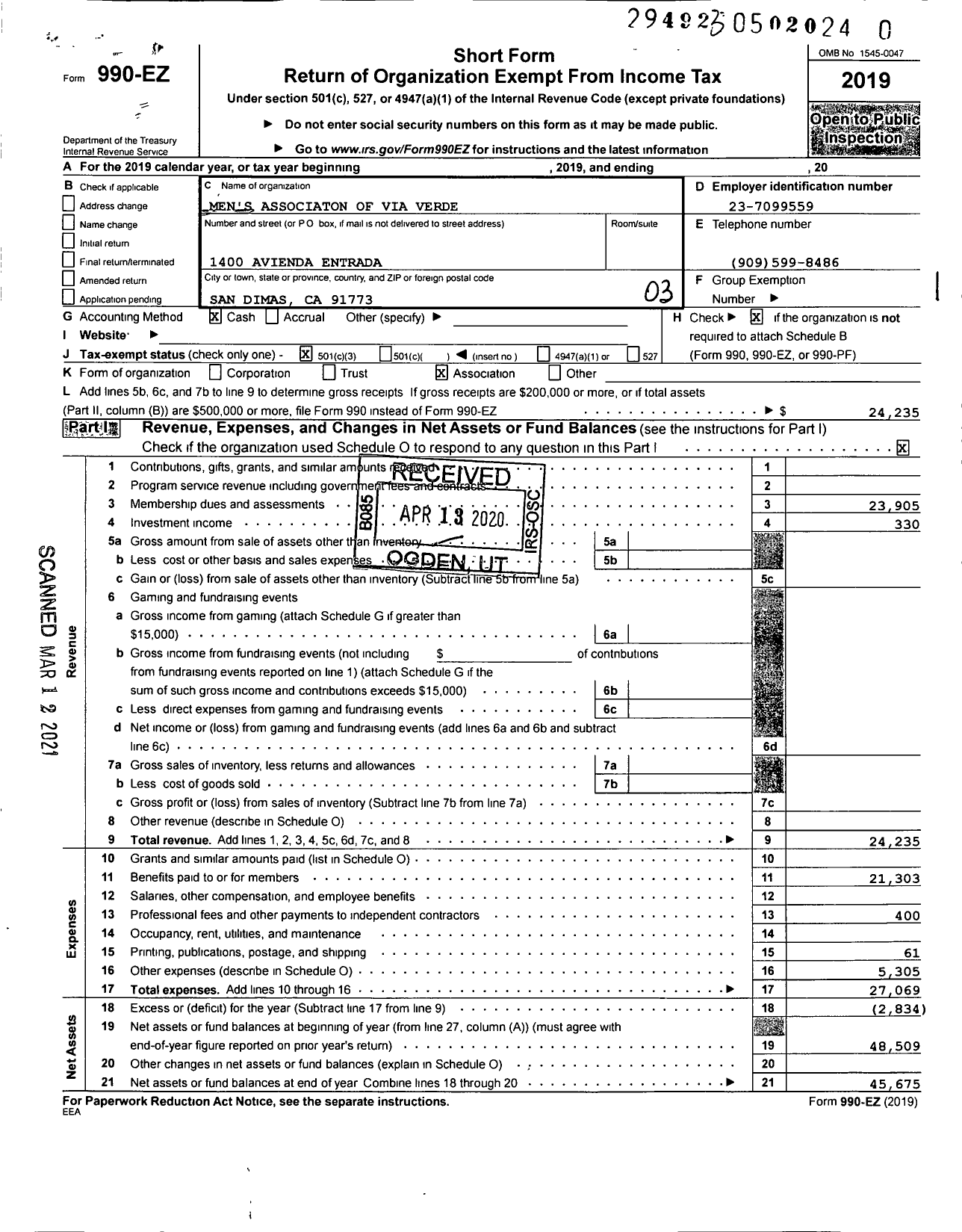 Image of first page of 2019 Form 990EZ for Mens Association of the Via Verde Country Club