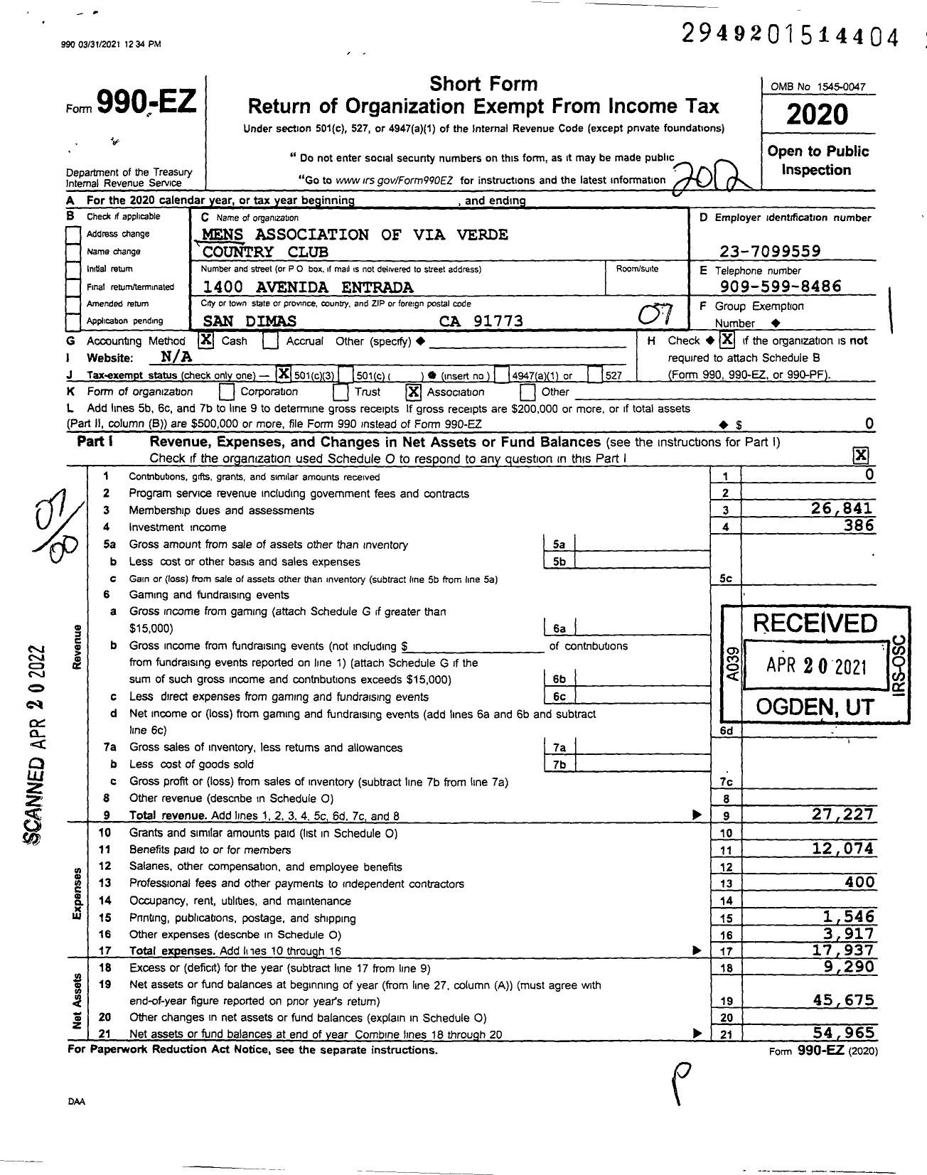 Image of first page of 2020 Form 990EO for Mens Association of the Via Verde Country Club