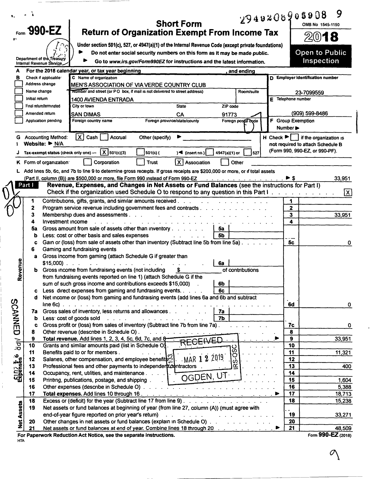 Image of first page of 2018 Form 990EO for Mens Association of the Via Verde Country Club