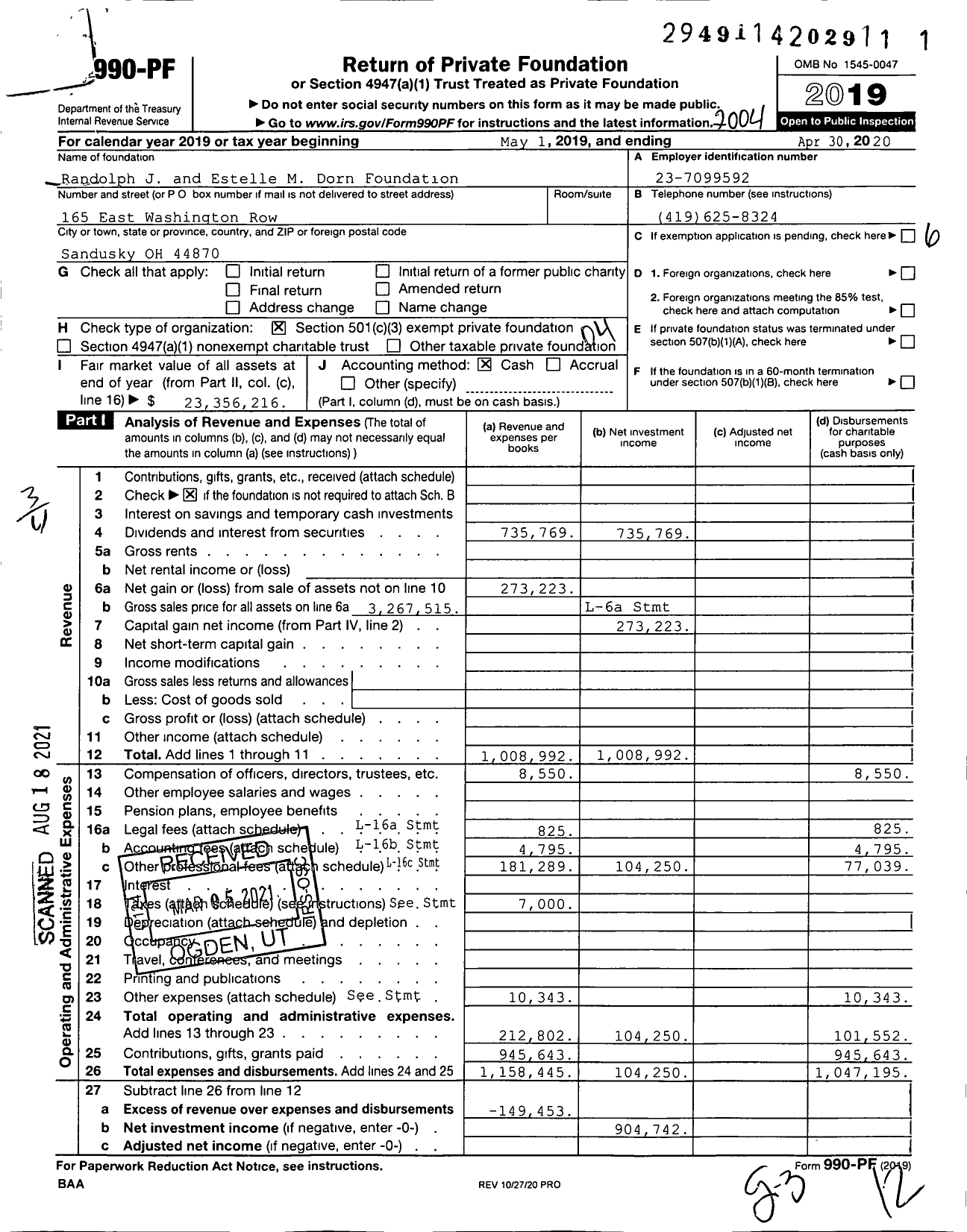 Image of first page of 2019 Form 990PF for Randolph J and Estelle M Dorn Foundation