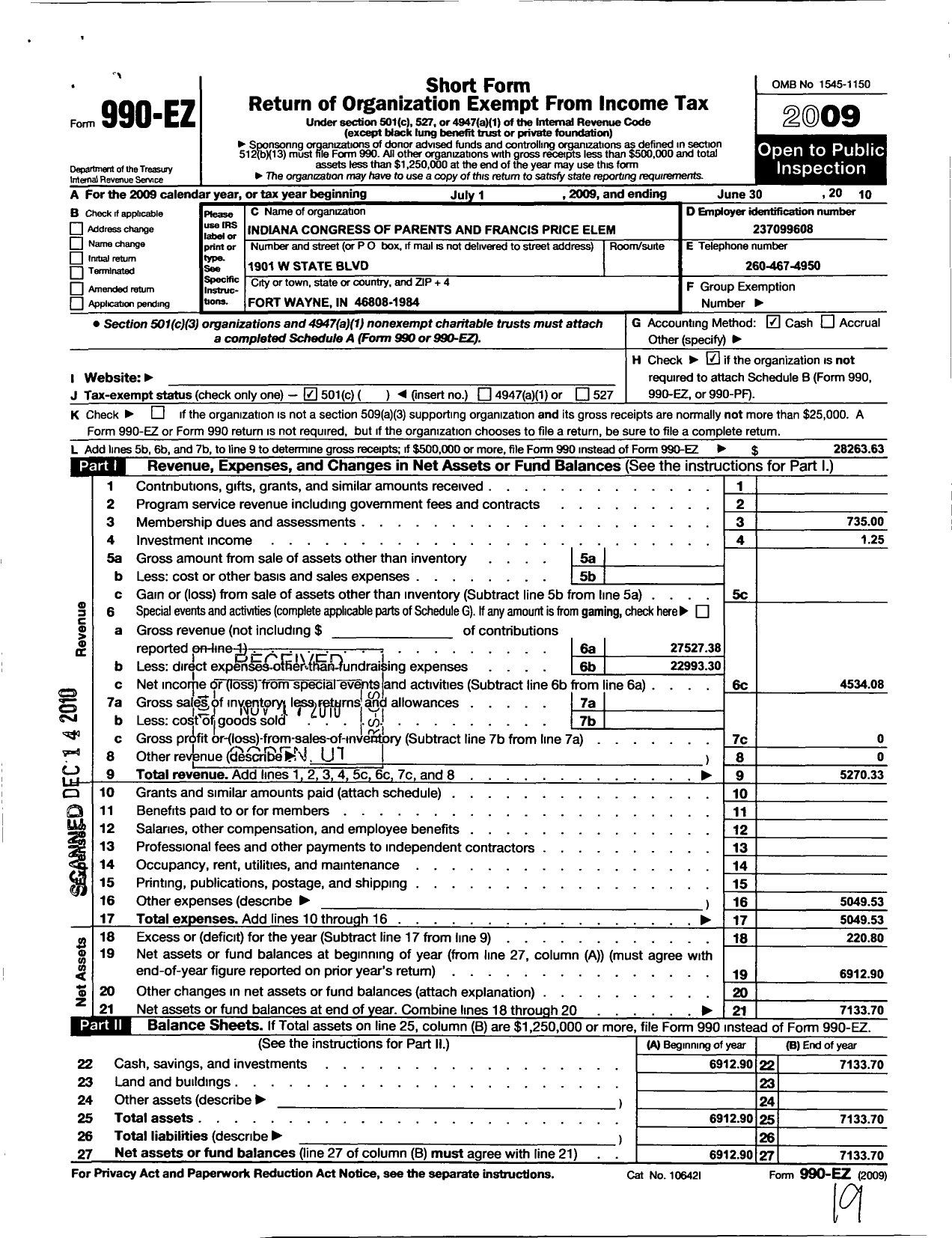 Image of first page of 2009 Form 990EO for Indiana Congress of Parents and Teachers / Francis Price Elem PTA