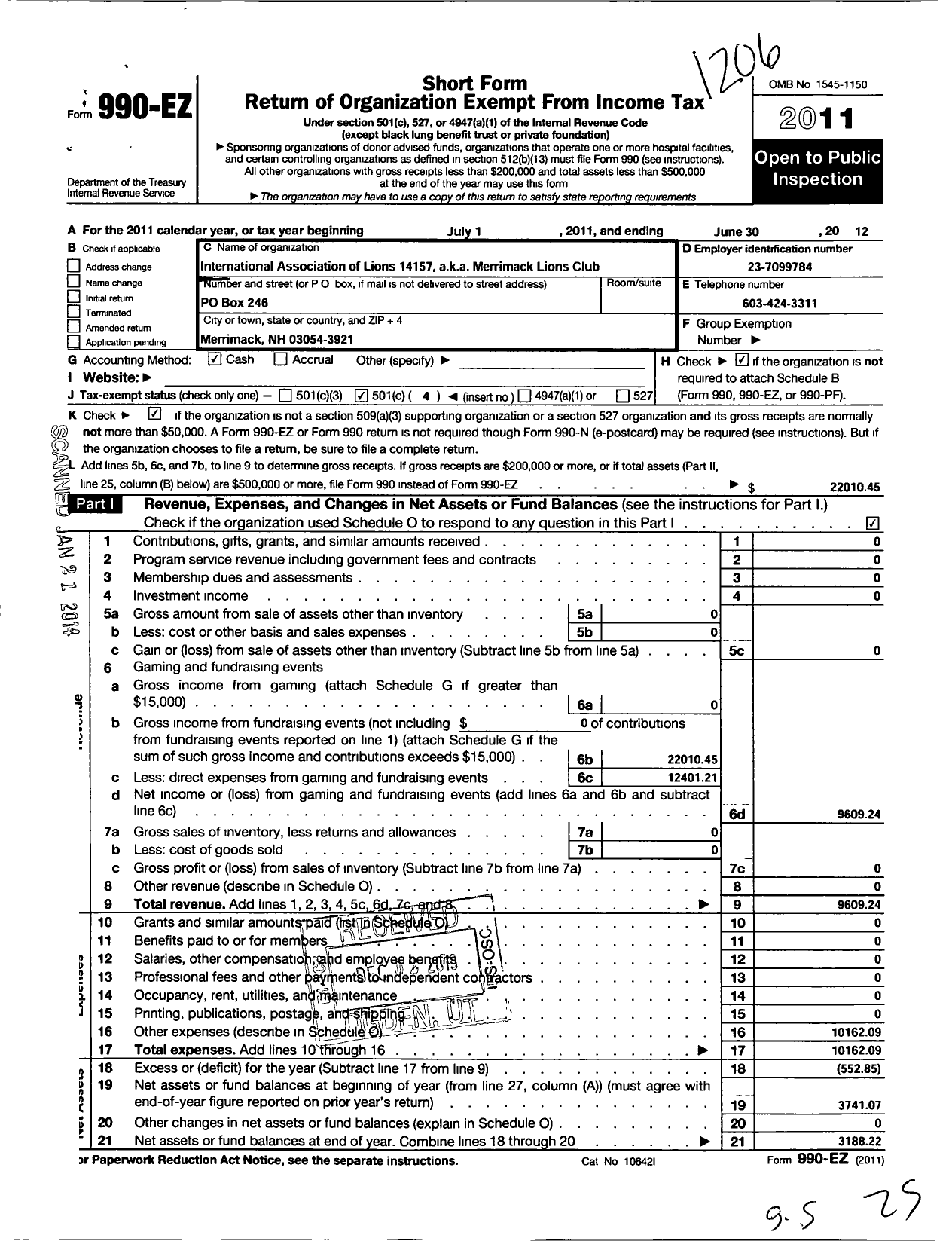 Image of first page of 2011 Form 990EO for Lions Clubs - Merrimack Lions Clu