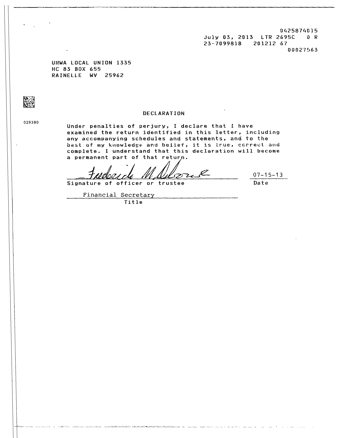 Image of first page of 2012 Form 990EOR for United Mine Workers of America International - 1335 Umw-17