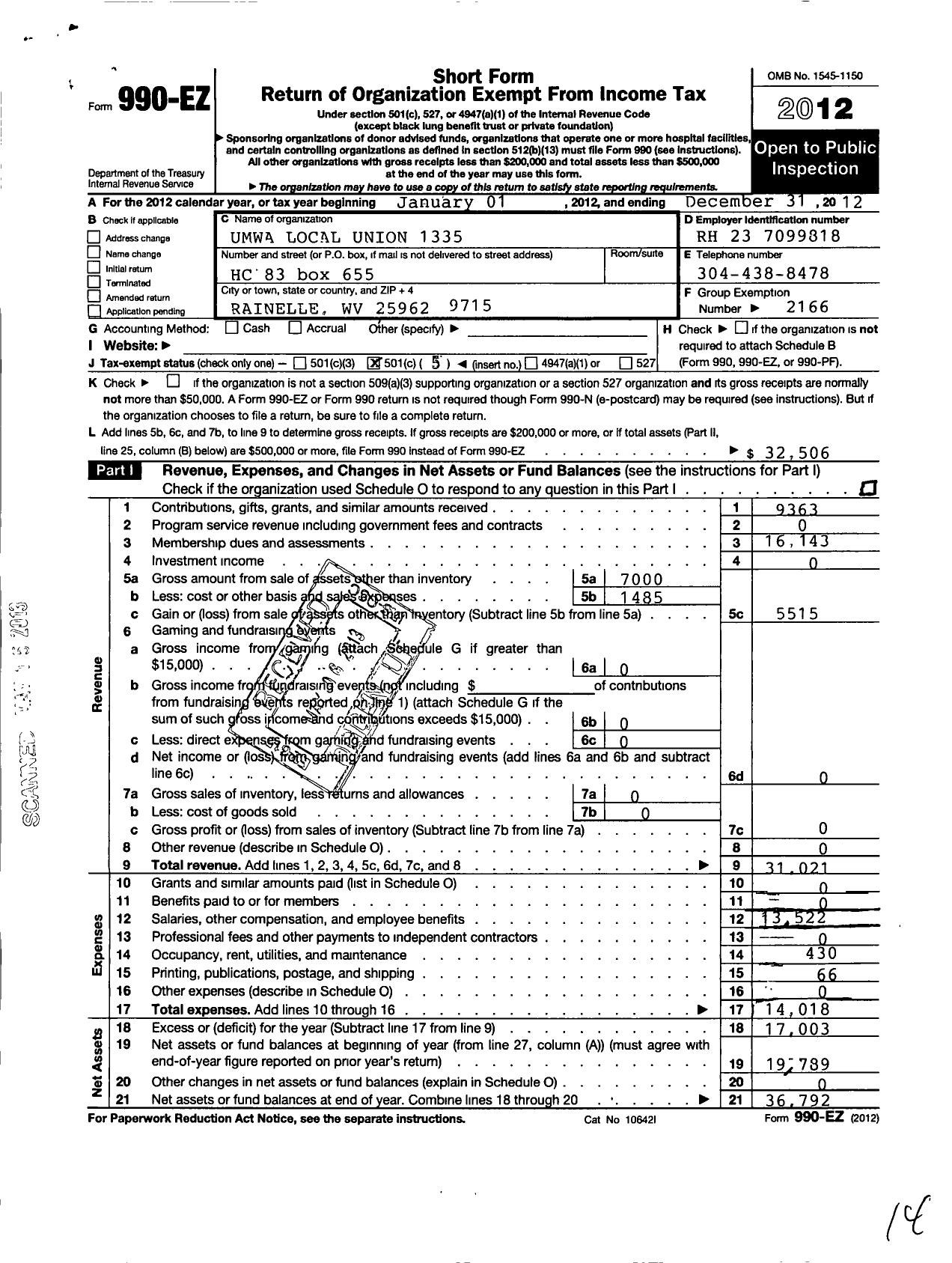 Image of first page of 2012 Form 990EO for United Mine Workers of America International - 1335 Umw-17