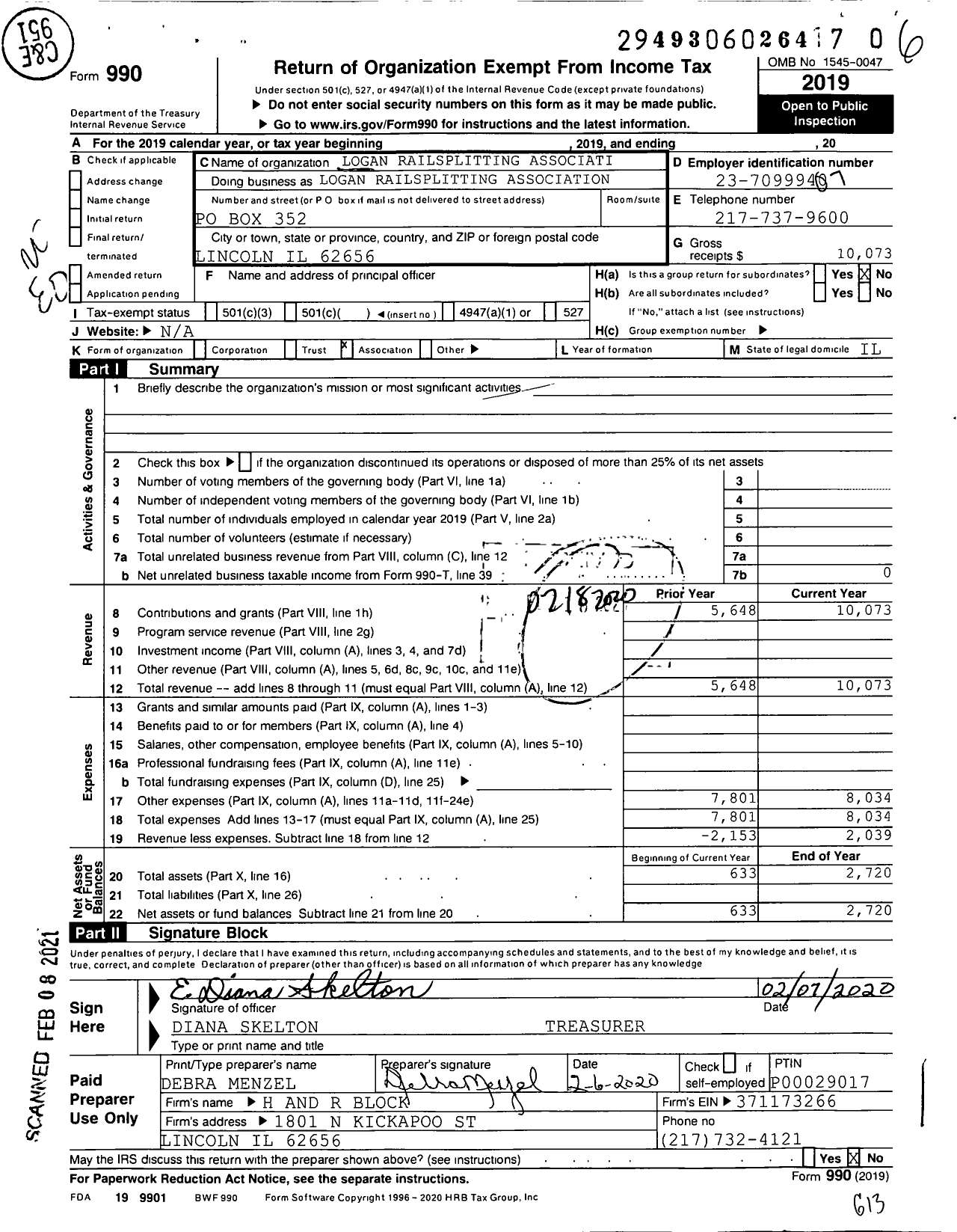 Image of first page of 2019 Form 990 for Logan Railsplitting Association