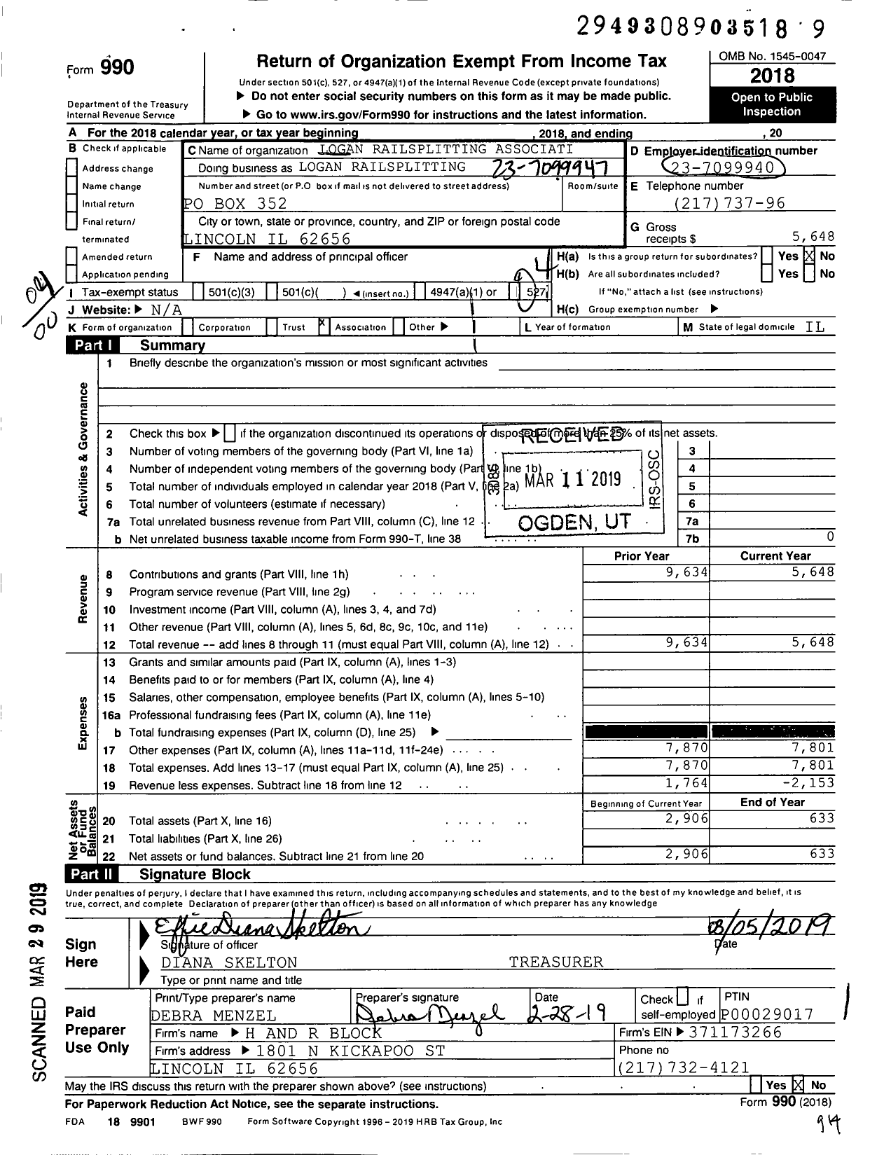 Image of first page of 2018 Form 990O for Logan Railsplitting Association