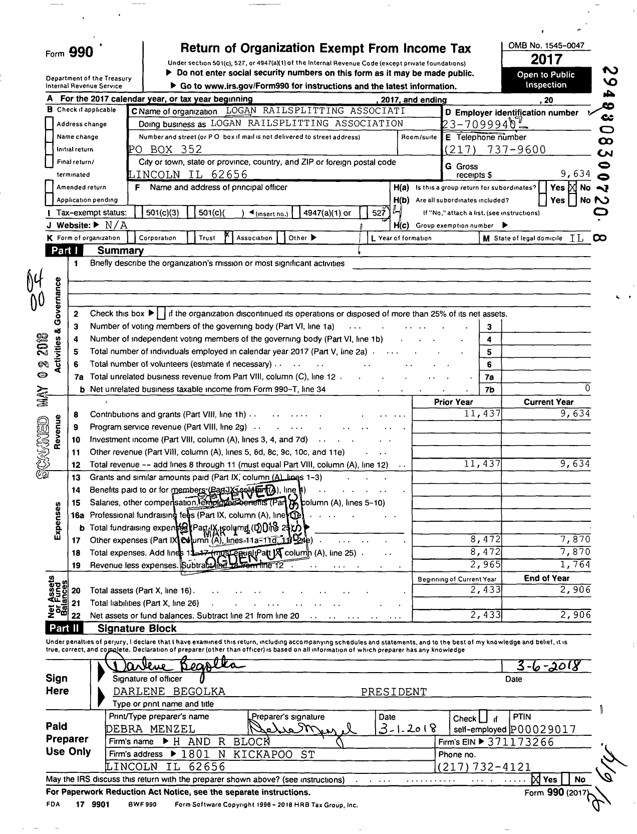 Image of first page of 2017 Form 990O for Logan Railsplitting Association