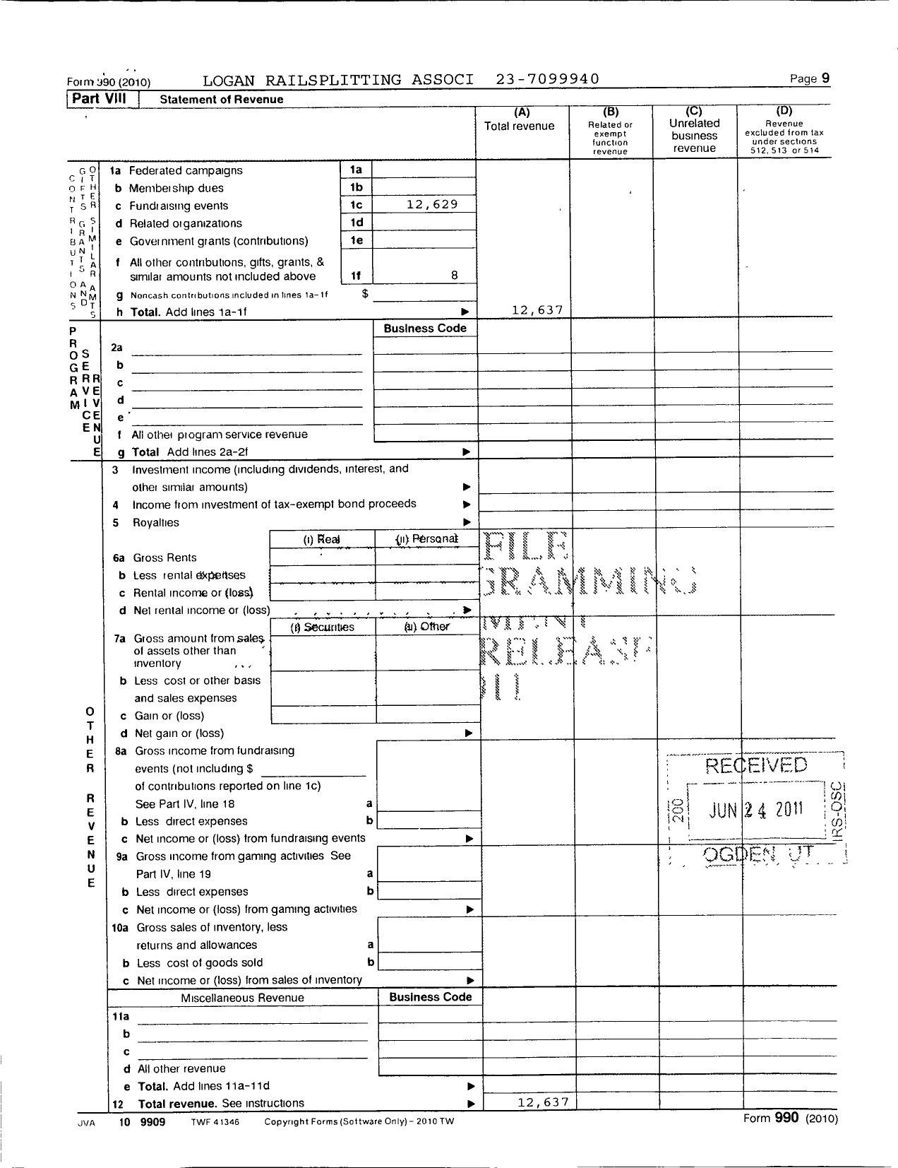 Image of first page of 2010 Form 990OR for Logan Railsplitting Association