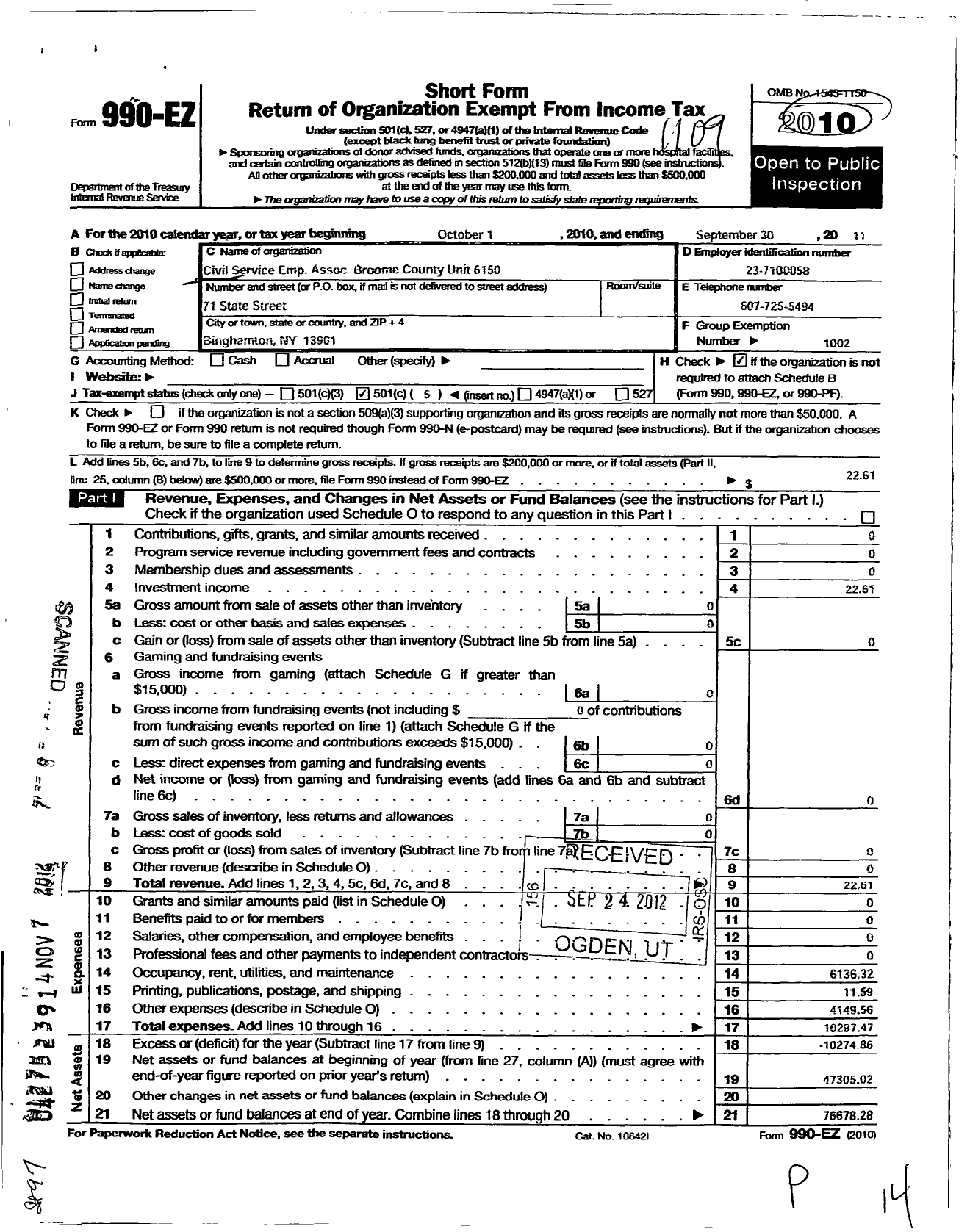 Image of first page of 2010 Form 990EO for Civil Service Employees Association / 0804-615000 Broome Co Unit