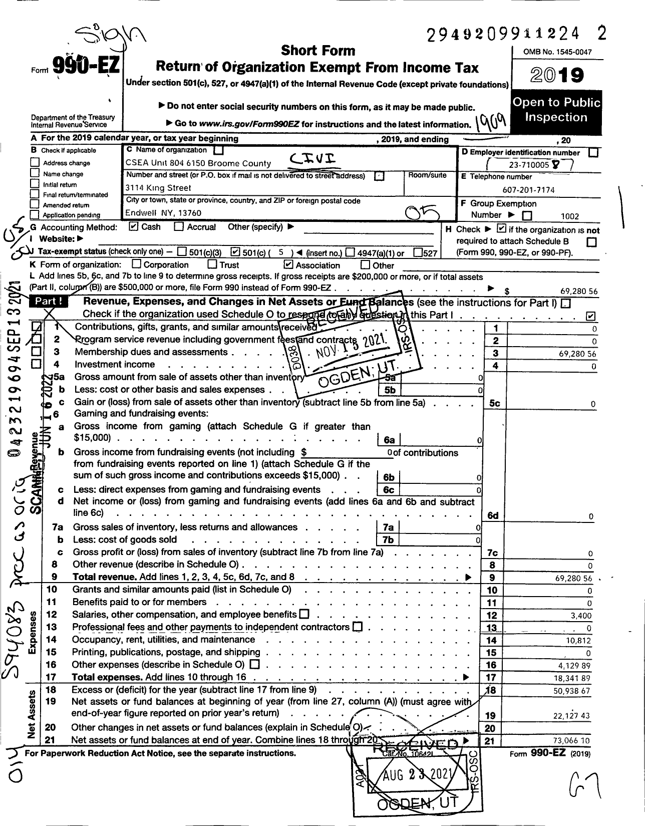 Image of first page of 2018 Form 990EO for Civil Service Employees Association / 0804-615000 Broome Co Unit