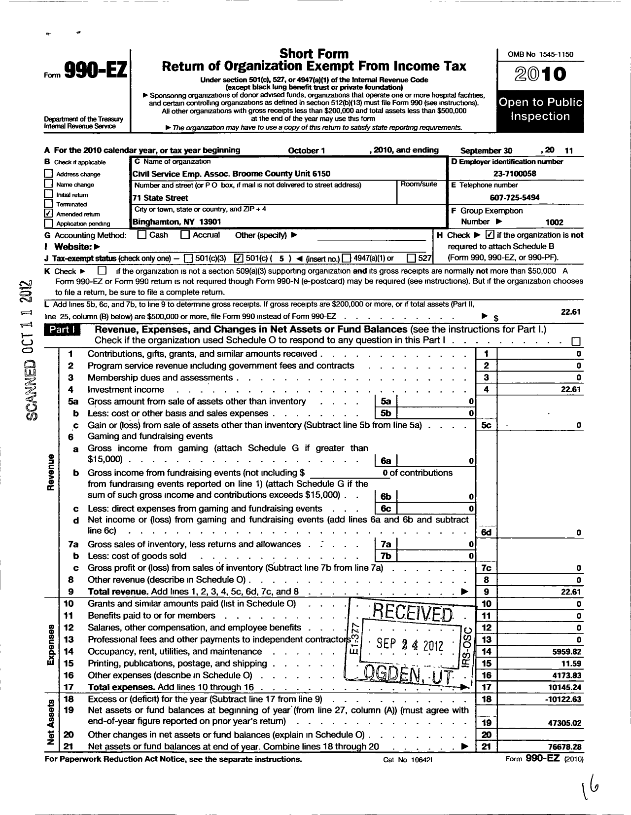 Image of first page of 2010 Form 990EO for Civil Service Employees Association / 0804-615000 Broome Co Unit