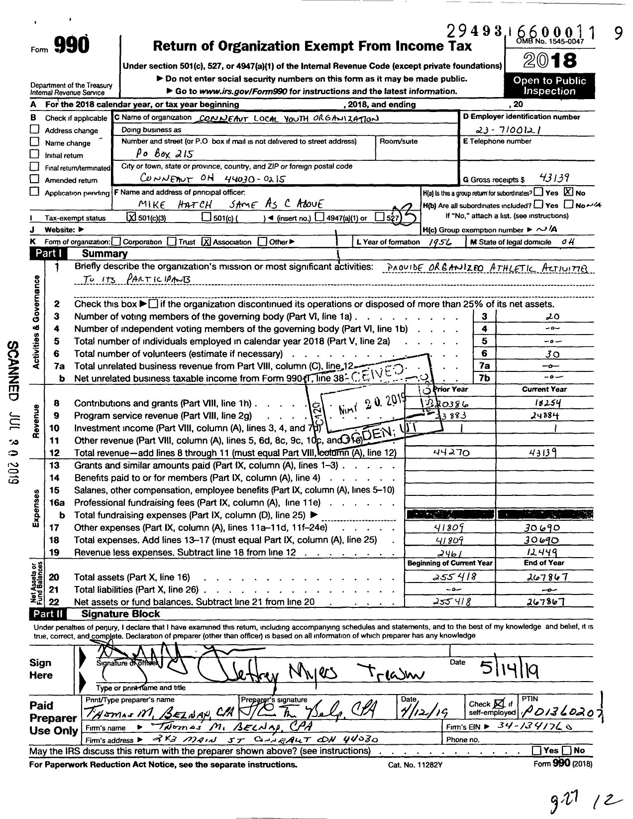 Image of first page of 2018 Form 990 for Conneaut Local Youth Organization