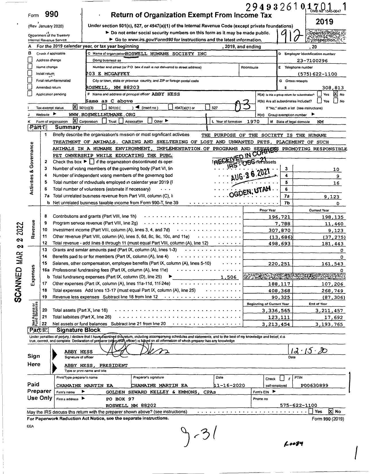 Image of first page of 2019 Form 990 for Roswell Humane Society