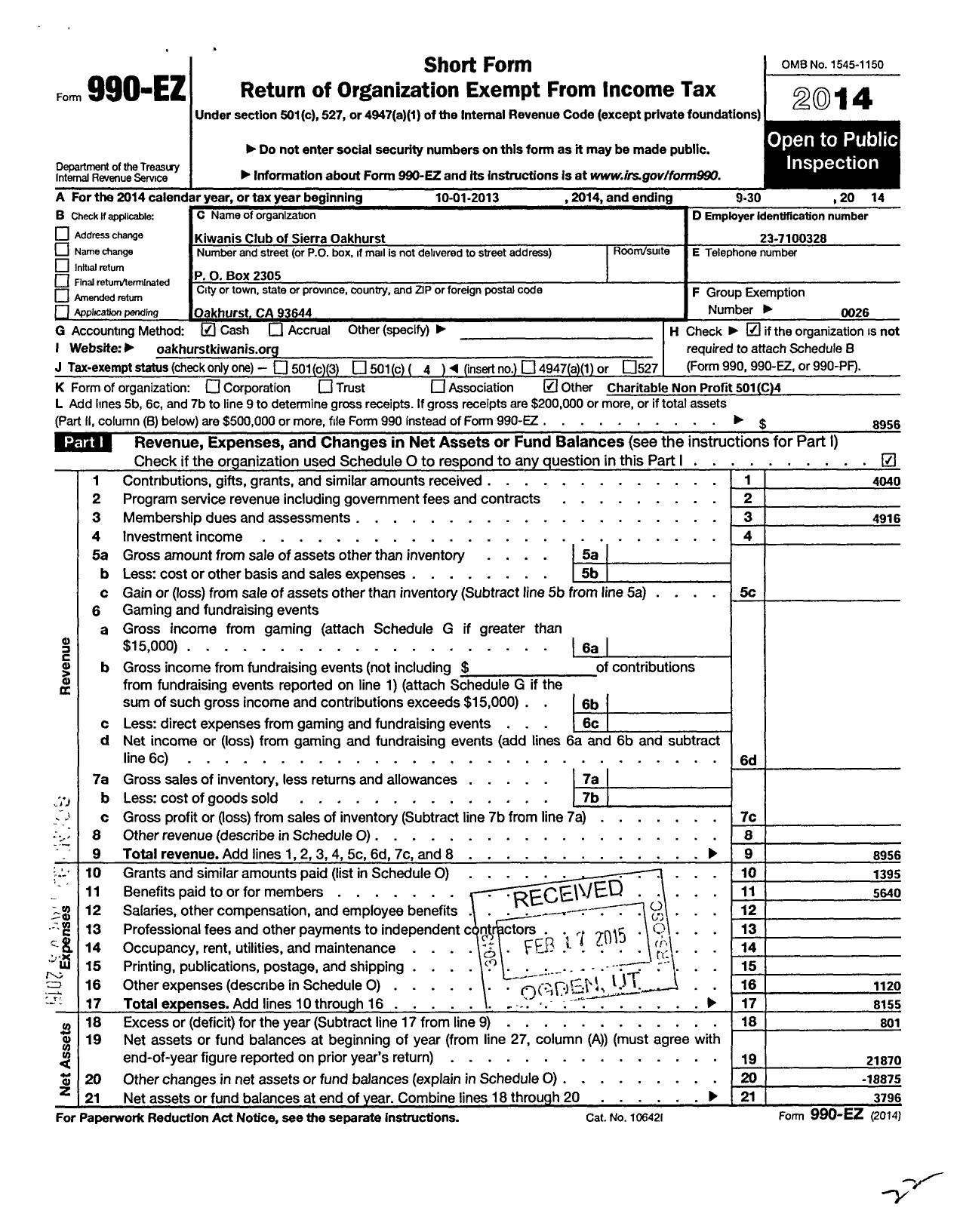 Image of first page of 2013 Form 990EO for Kiwanis International - K05022 Sierra-Oakhurst