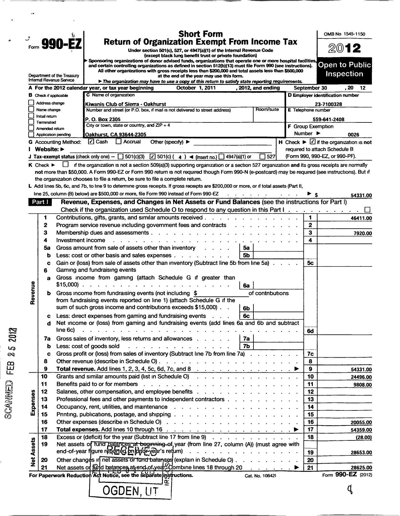 Image of first page of 2011 Form 990EO for Kiwanis International - K05022 Sierra-Oakhurst