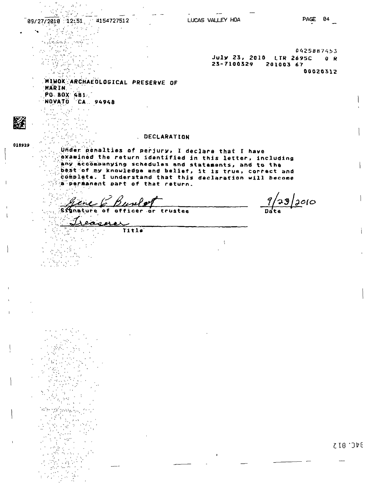 Image of first page of 2009 Form 990ER for Miwok Archeological Preserve of Marin
