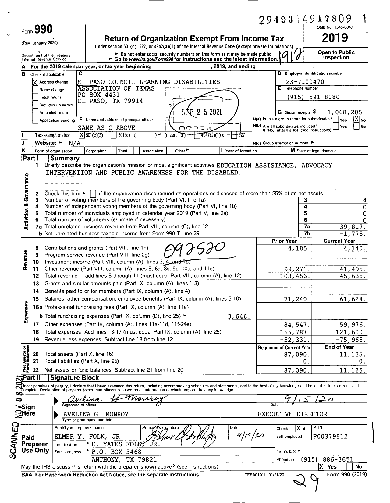 Image of first page of 2019 Form 990 for El Paso Council Learning Disabilities Association of Texas