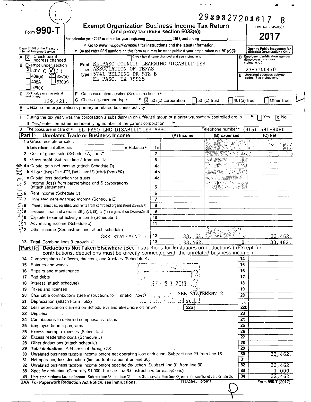 Image of first page of 2017 Form 990T for El Paso Council Learning Disabilities Association of Texas