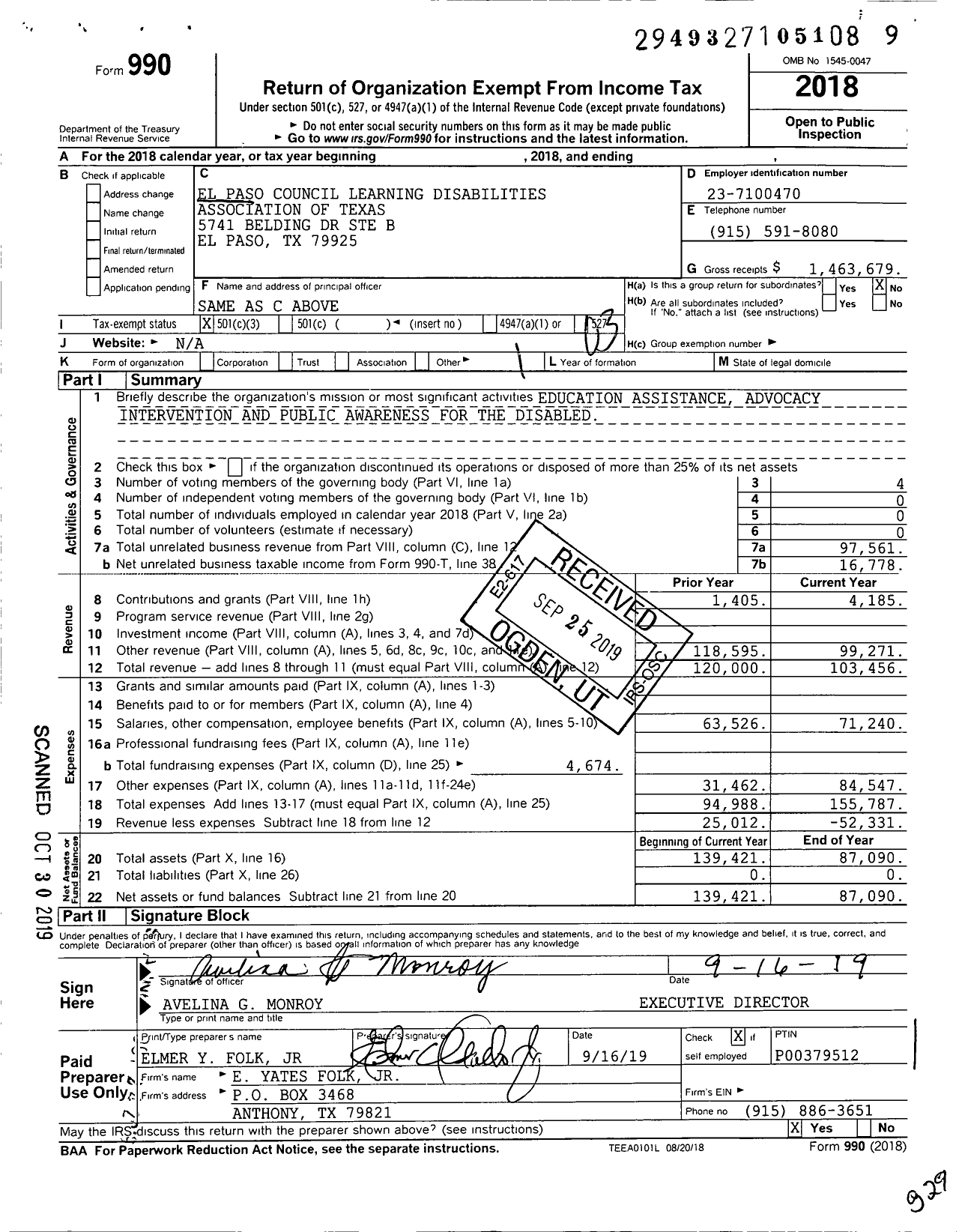 Image of first page of 2018 Form 990 for El Paso Council Learning Disabilities Association of Texas