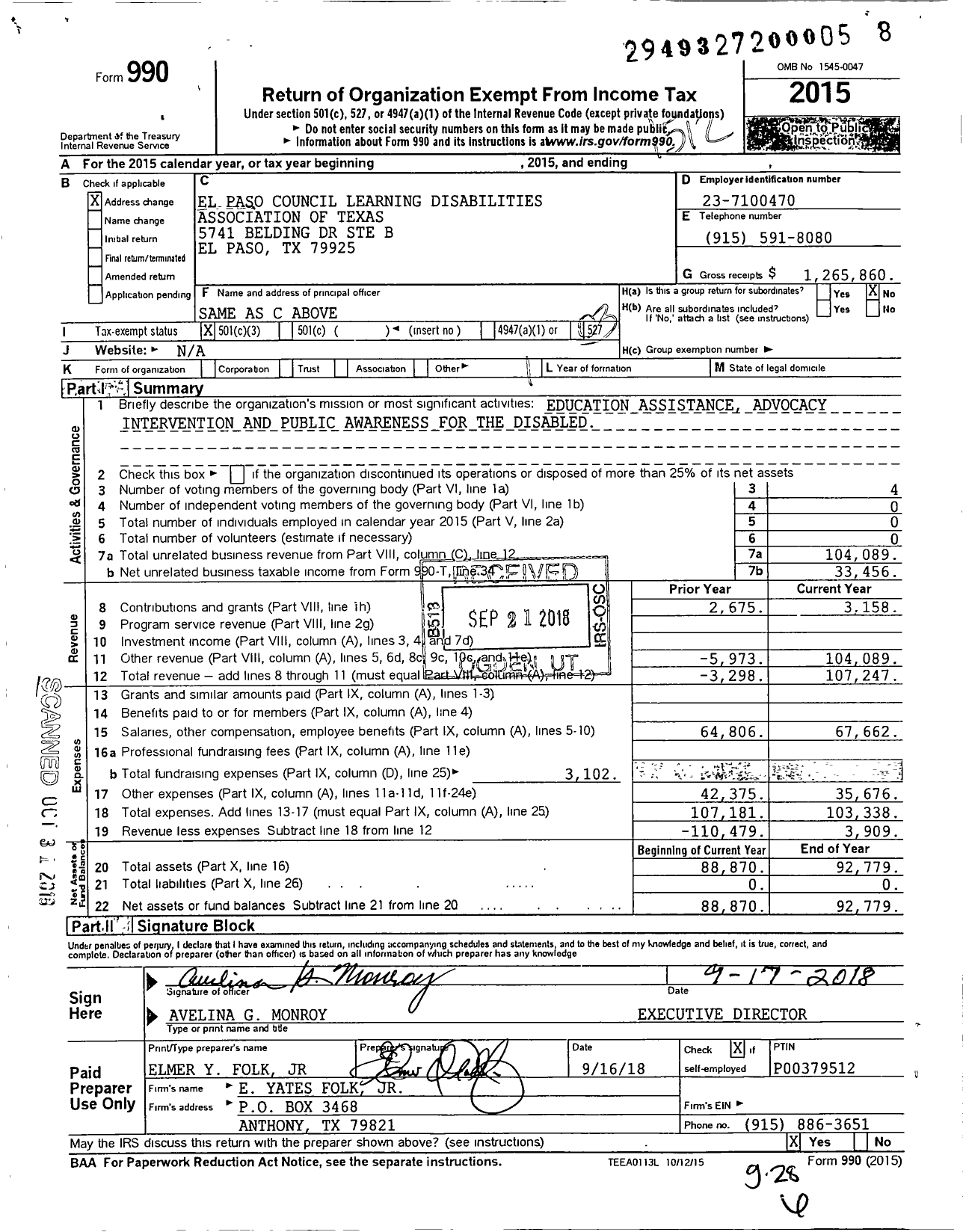 Image of first page of 2015 Form 990 for El Paso Council Learning Disabilities Association of Texas