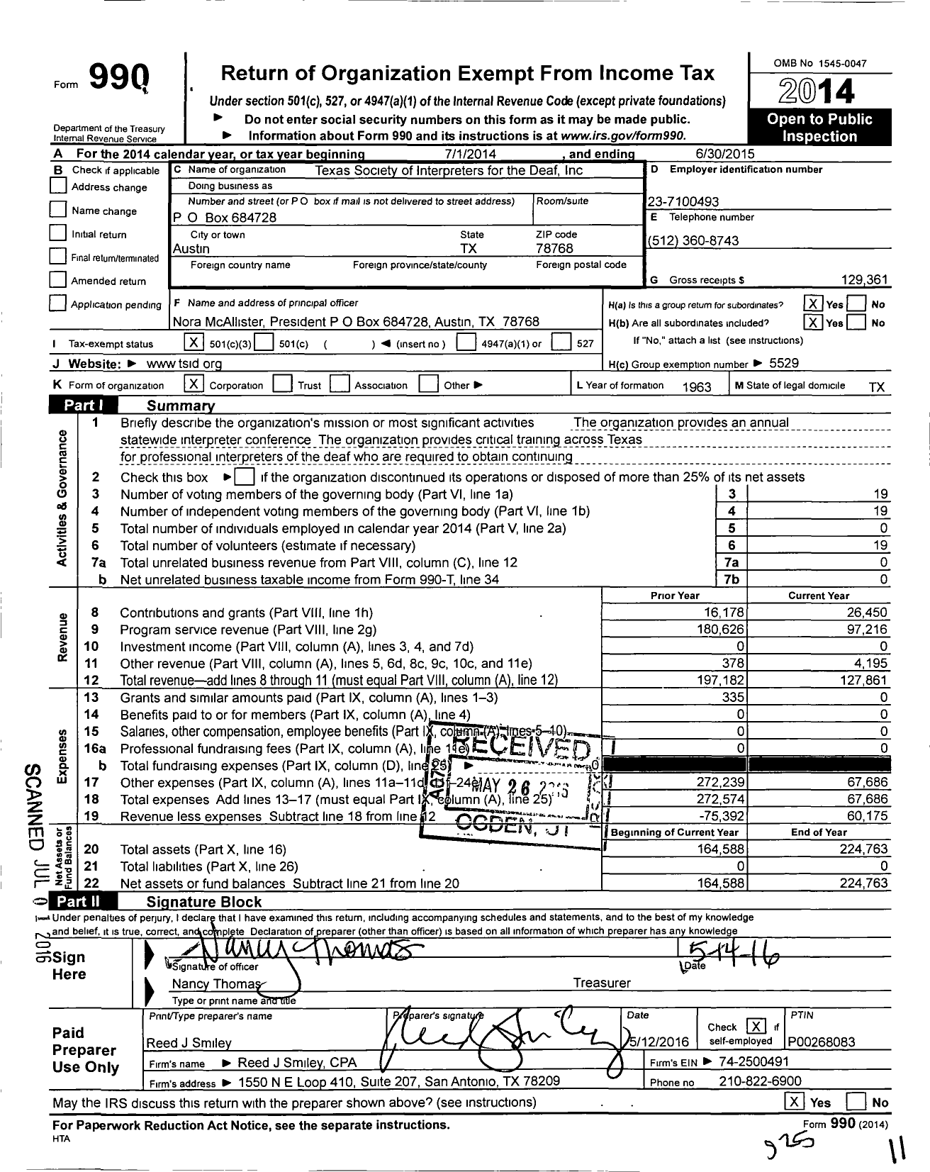 Image of first page of 2014 Form 990 for Texas Society of Intepreters for the Deaf