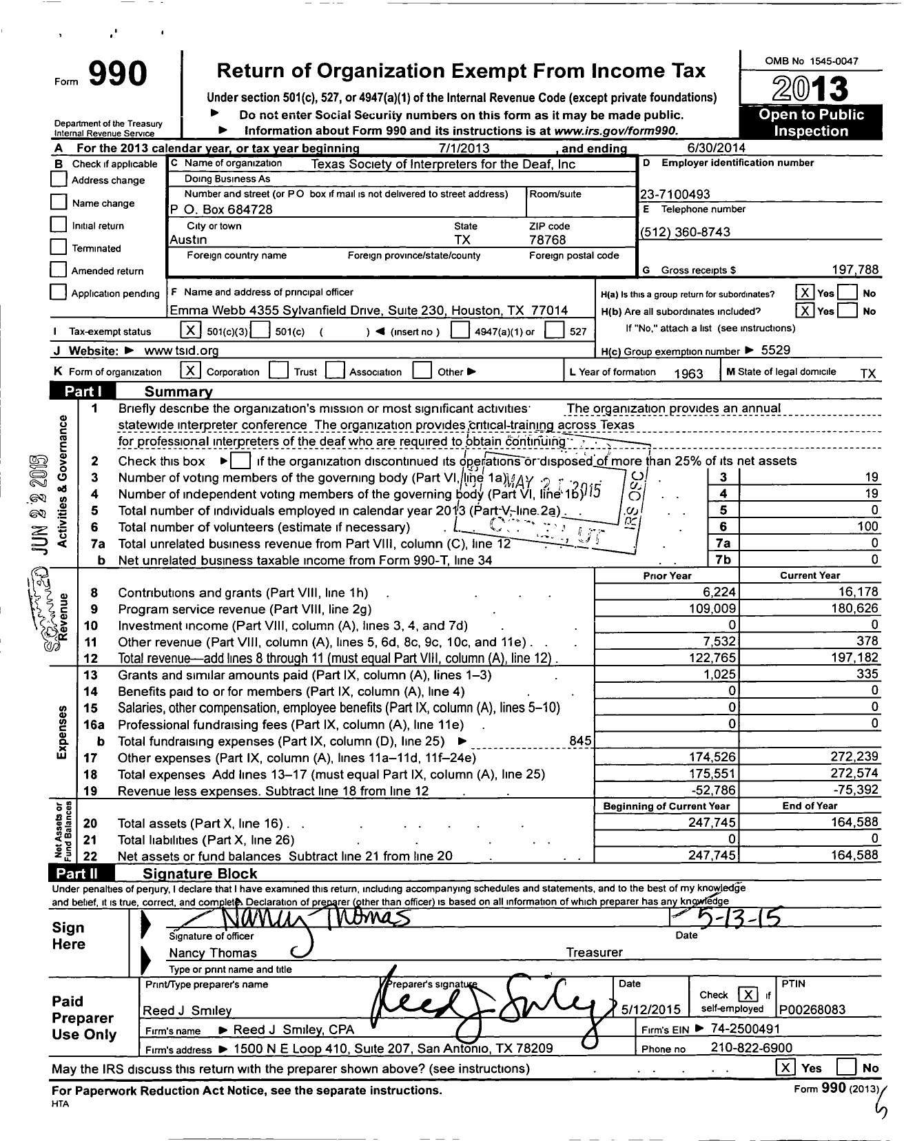 Image of first page of 2013 Form 990 for Texas Society of Intepreters for the Deaf