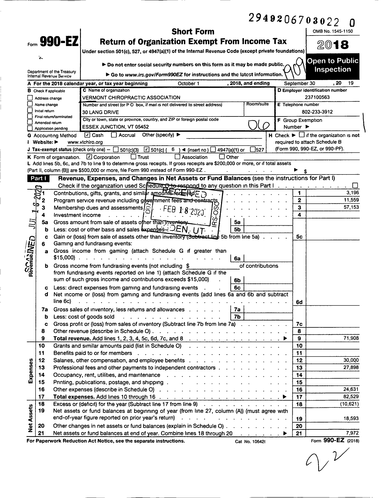 Image of first page of 2018 Form 990EO for Vermont Chiropratic Association