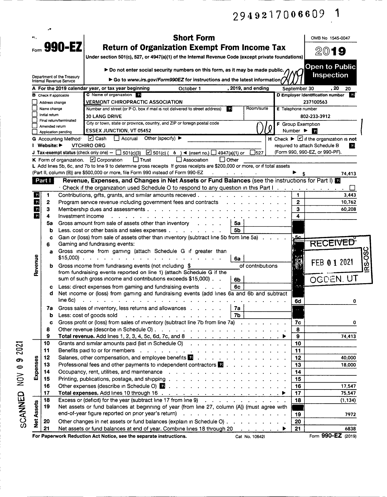 Image of first page of 2019 Form 990EO for Vermont Chiropratic Association