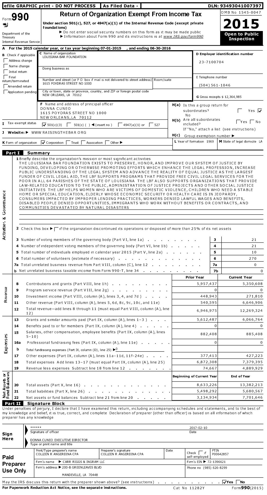 Image of first page of 2015 Form 990 for Louisiana Bar Foundation (LBF)