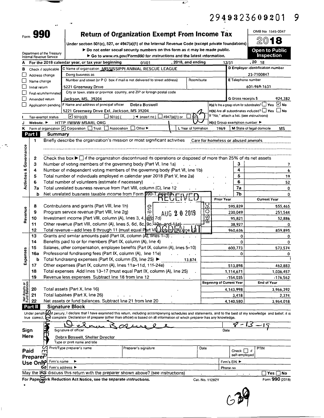 Image of first page of 2018 Form 990 for Mississippi Animal Rescue League (MARL)