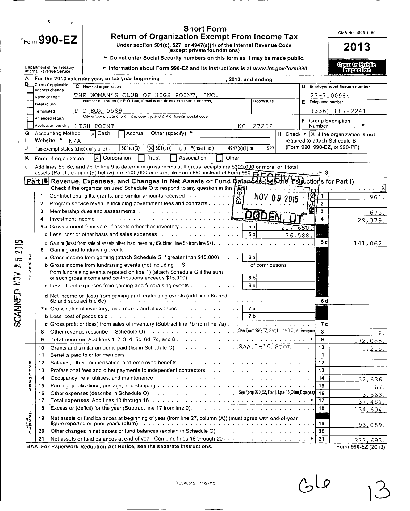 Image of first page of 2013 Form 990EO for Womens Club of High Point